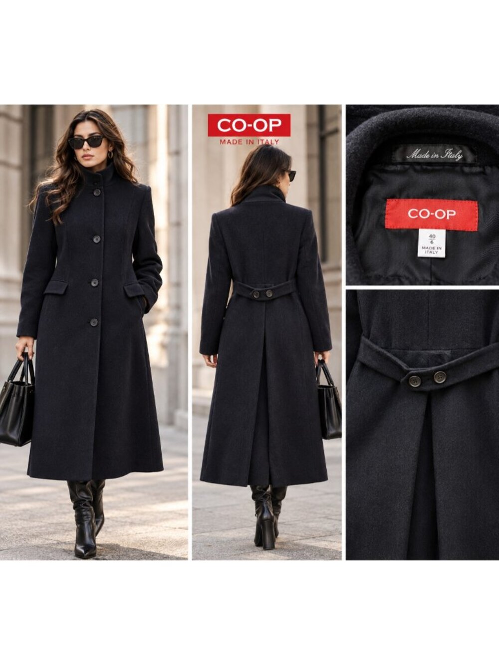 CO-OP Made in Italy Black Wool Cashmere Long Coat Size 6 Quiet Luxury